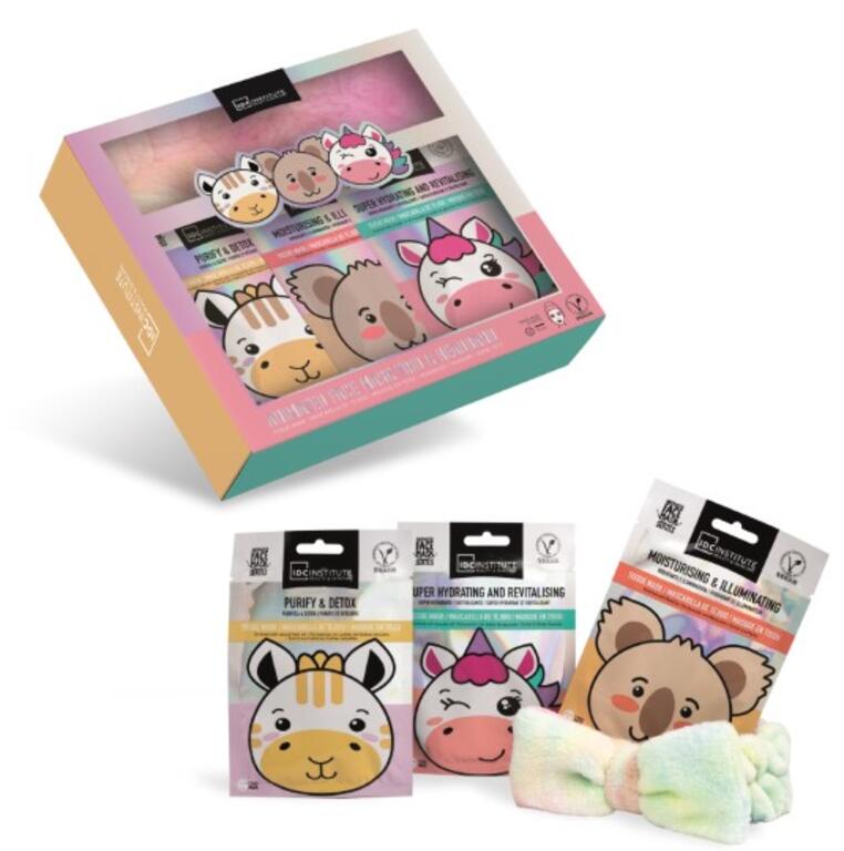 IDC Institute Cute Animals Ultimate Pack Set 3 Maschere Viso con Fascia per Capelli - 91019
