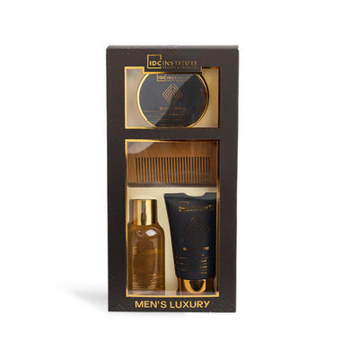 IDC Institute Men's Luxury Complete Care 4 pezzi gel doccia dopobarba lozione pettine legno pepe nero