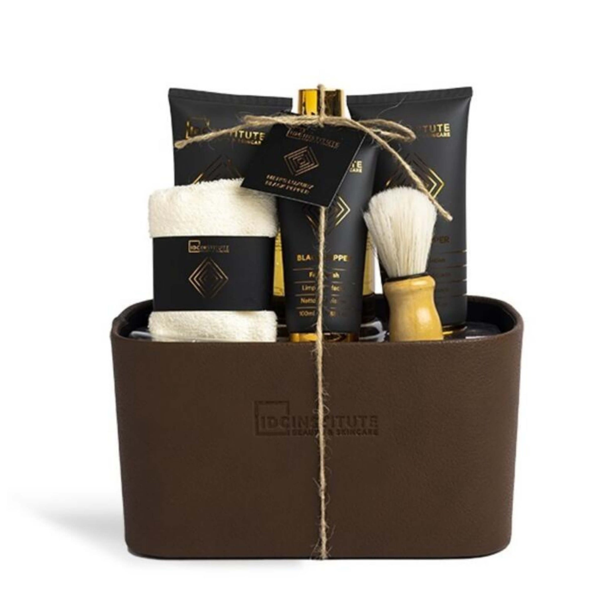IDC Institute Men's Luxury cura barba trousse ecopelle crema barba dopobarba bagnoschiuma pepe nero