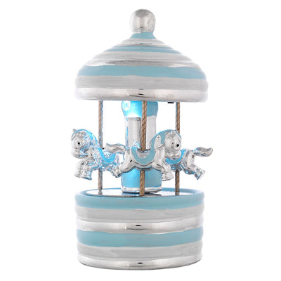 Bagutta Giostra Carillon Musicale con Luci e Cavalli, Cupola a Righe Azzurra 9x15 cm