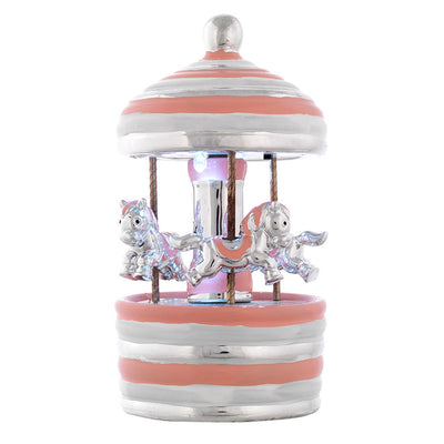 Bagutta Giostra Carillon Musicale con Luci e Cavalli, Cupola a Righe Rosa 9x15 cm