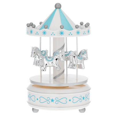 Bagutta Giostra Musicale in Acrilico con Cavalli, Base Bianca e Decori Azzurri 10x18 cm