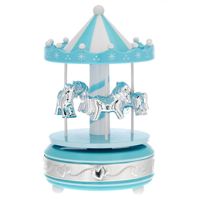 Bagutta Giostra Musicale in Acrilico con Cavalli, Fascia Argentata e Base Azzurra 10x18 cm