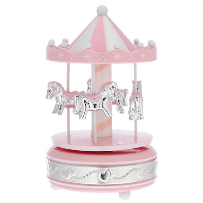 Bagutta Giostra Musicale in Acrilico con Cavalli, Fascia Argentata e Base Rosa 10x18 cm