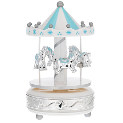 Bagutta Giostra Musicale in Acrilico con Cavalli, Fascia Argentata e Decori Azzurri 10x18 cm