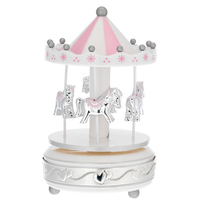 Bagutta Giostra Musicale in Acrilico con Cavalli, Fascia Argentata e Decori Rosa 10x18 cm