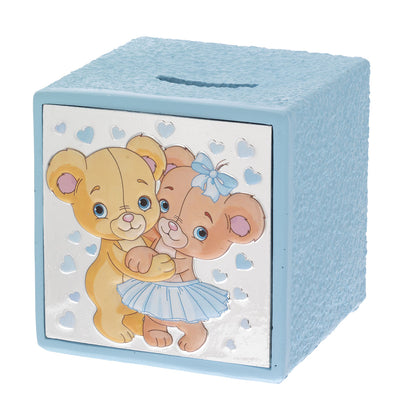 Bagutta Salvadanaio Cubo Baby Coppia di Orsetti Azzurro 10x10x10 cm
