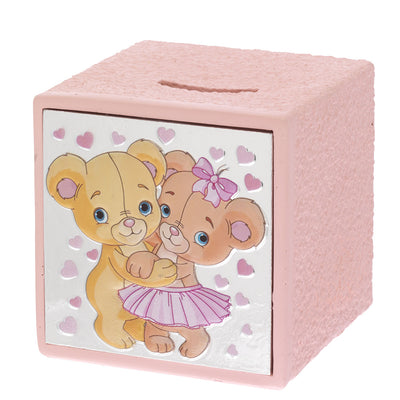Bagutta Salvadanaio Cubo Baby Coppia di Orsetti Rosa 10x10x10 cm
