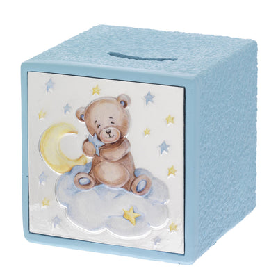 Bagutta Salvadanaio Cubo Baby Orsetto su Nuvola e Luna Azzurro 10x10x10 cm