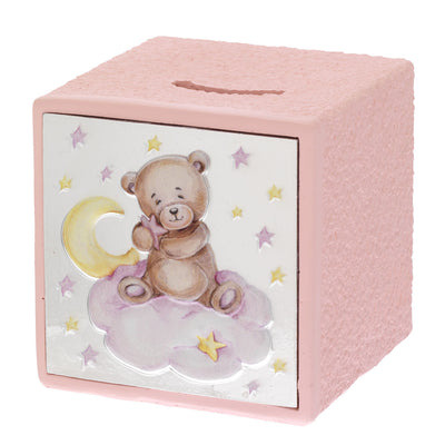 Bagutta Salvadanaio Cubo Baby Orsetto su Nuvola e Luna Rosa 10x10x10 cm