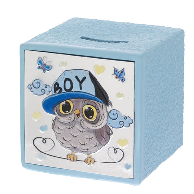 Bagutta Salvadanaio Cubo Baby Gufo Boy Azzurro 10x10x10 cm