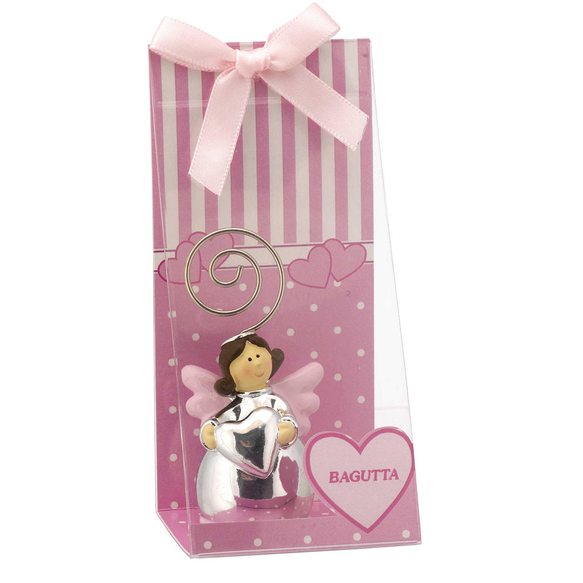 Bagutta Segnaposto Portafoto Angioletto con Cuore, Profili Rosa 13 cm