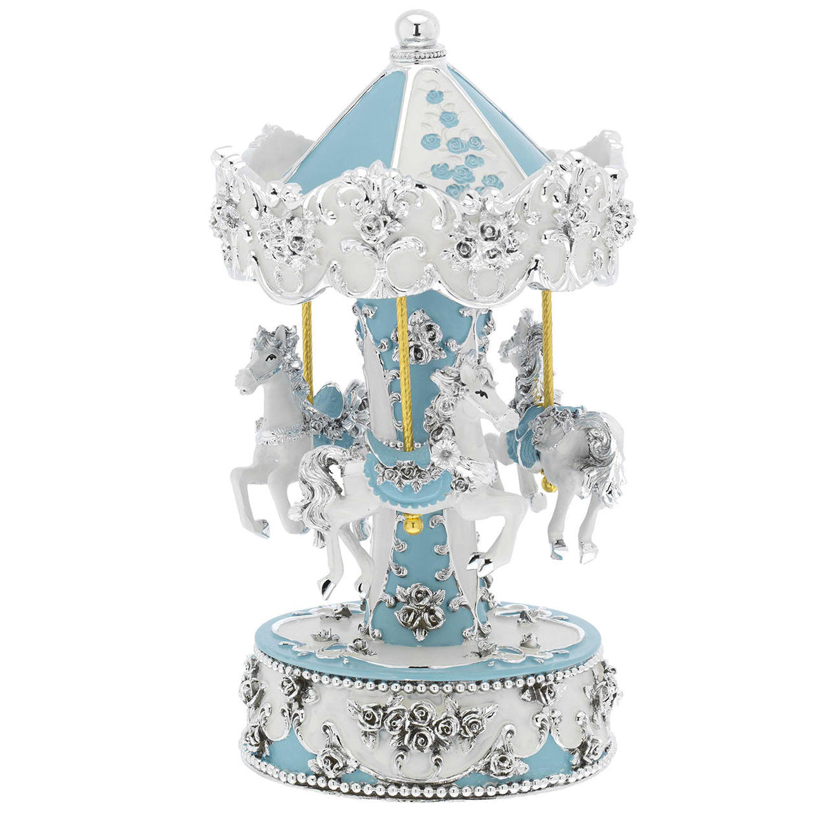 Bagutta Giostra Musicale Carosello con Cavalli e Fascia Floreale Azzurra 13x22 cm