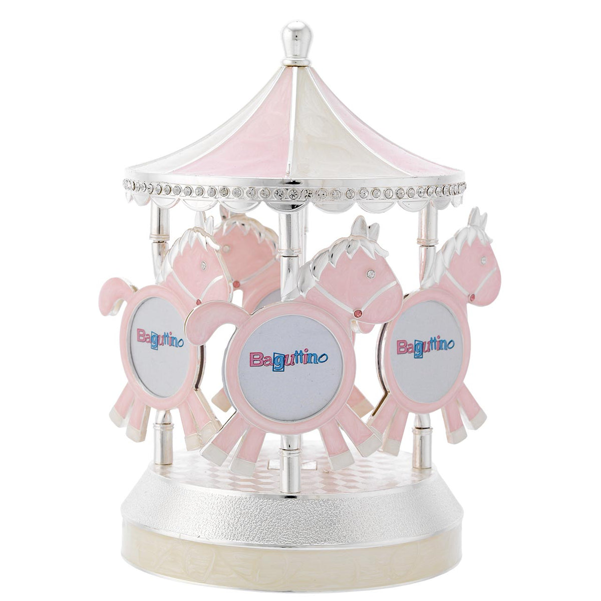 Bagutta Giostra Carillon Portafoto Girevole con Cavalli Rosa 17x24 cm