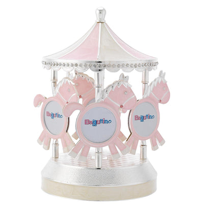 Bagutta Giostra Carillon Portafoto Girevole con Cavalli Rosa 17x24 cm