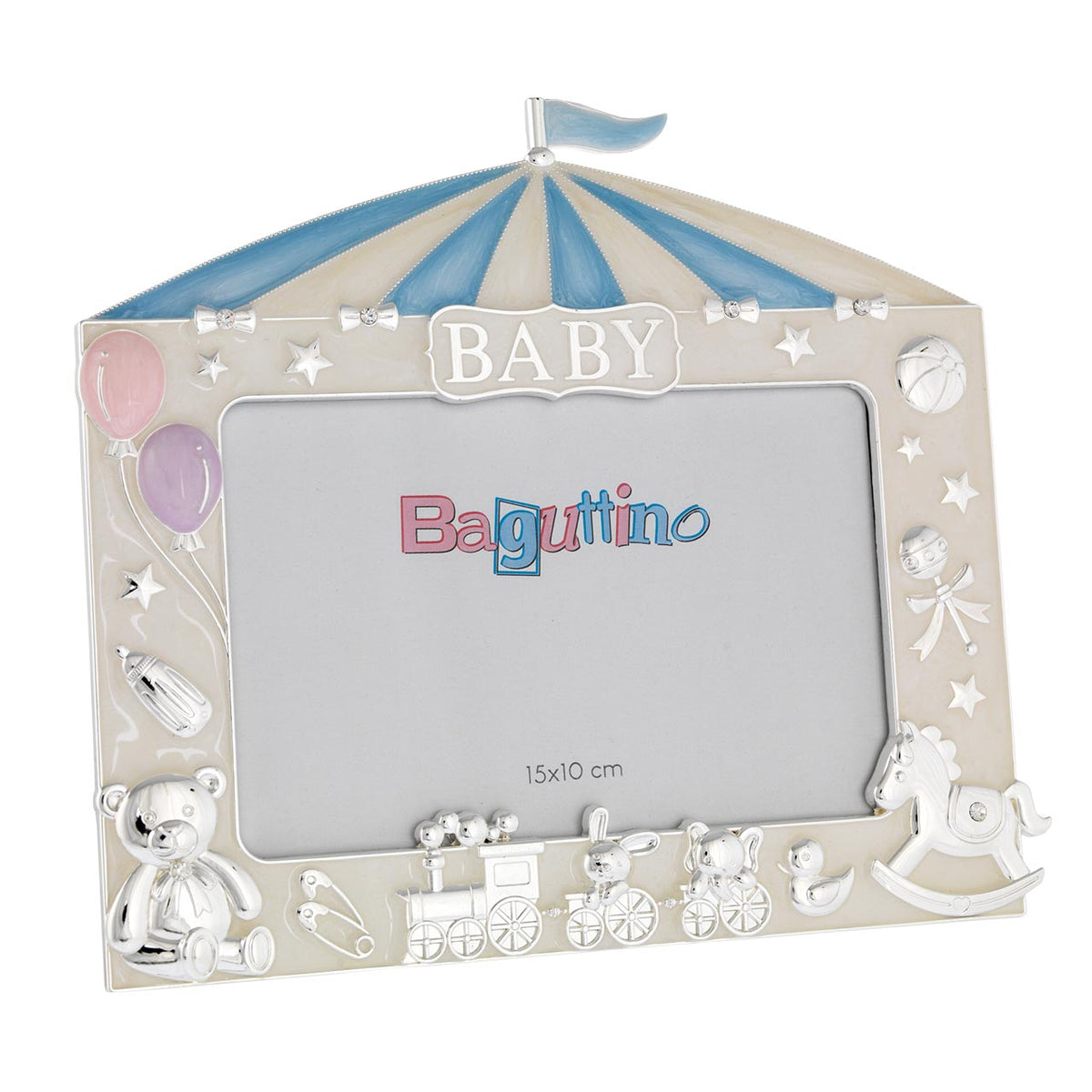 Bagutta Portafoto Baby Circo con Cavallino, Orsetto e Trenino Azzurro per Foto 10x15 cm