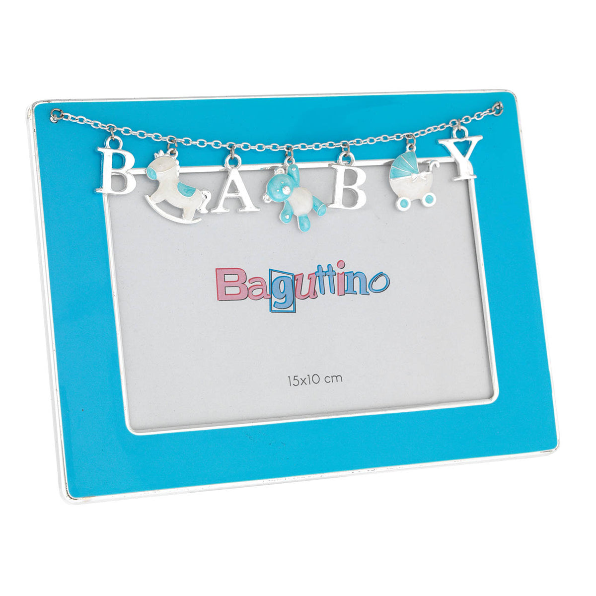 Bagutta Portafoto Baby con Catenella e Pendenti Azzurri per Foto 10x15 cm