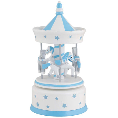 Bagutta Giostra Carillon in Legno con Cavalli e Tetto a Festoni Azzurro 11x23 cm