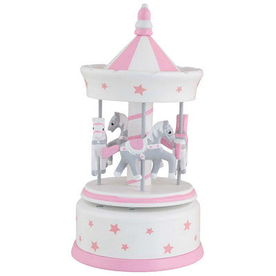Bagutta Giostra Carillon in Legno con Cavalli e Tetto a Festoni Rosa 11x23 cm
