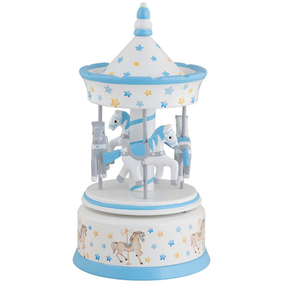 Bagutta Giostra Carillon in Legno con Cavalli, Tetto a Stelline e Decoro Cavallini Azzurro 11x23 cm