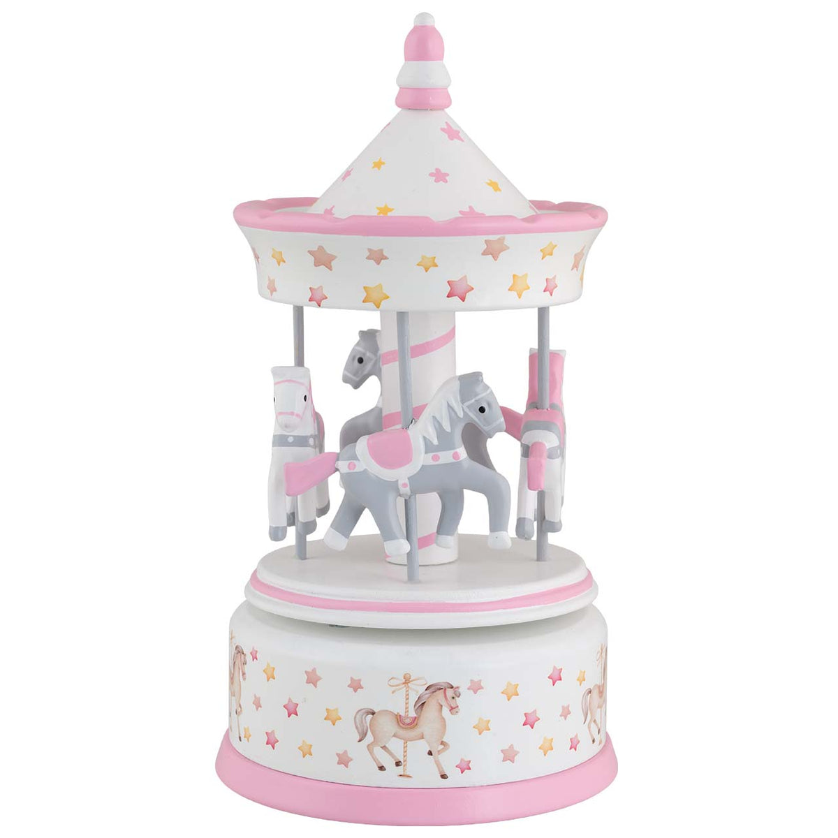 Bagutta Giostra Carillon in Legno con Cavalli, Tetto a Stelline e Decoro Cavallini Rosa 11x23 cm