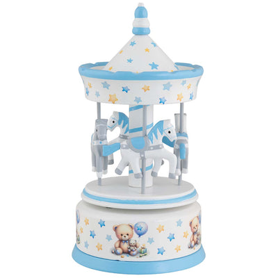 Bagutta Giostra Carillon in Legno con Cavalli, Tetto a Stelline e Decoro Orsetti Azzurro 11x23 cm