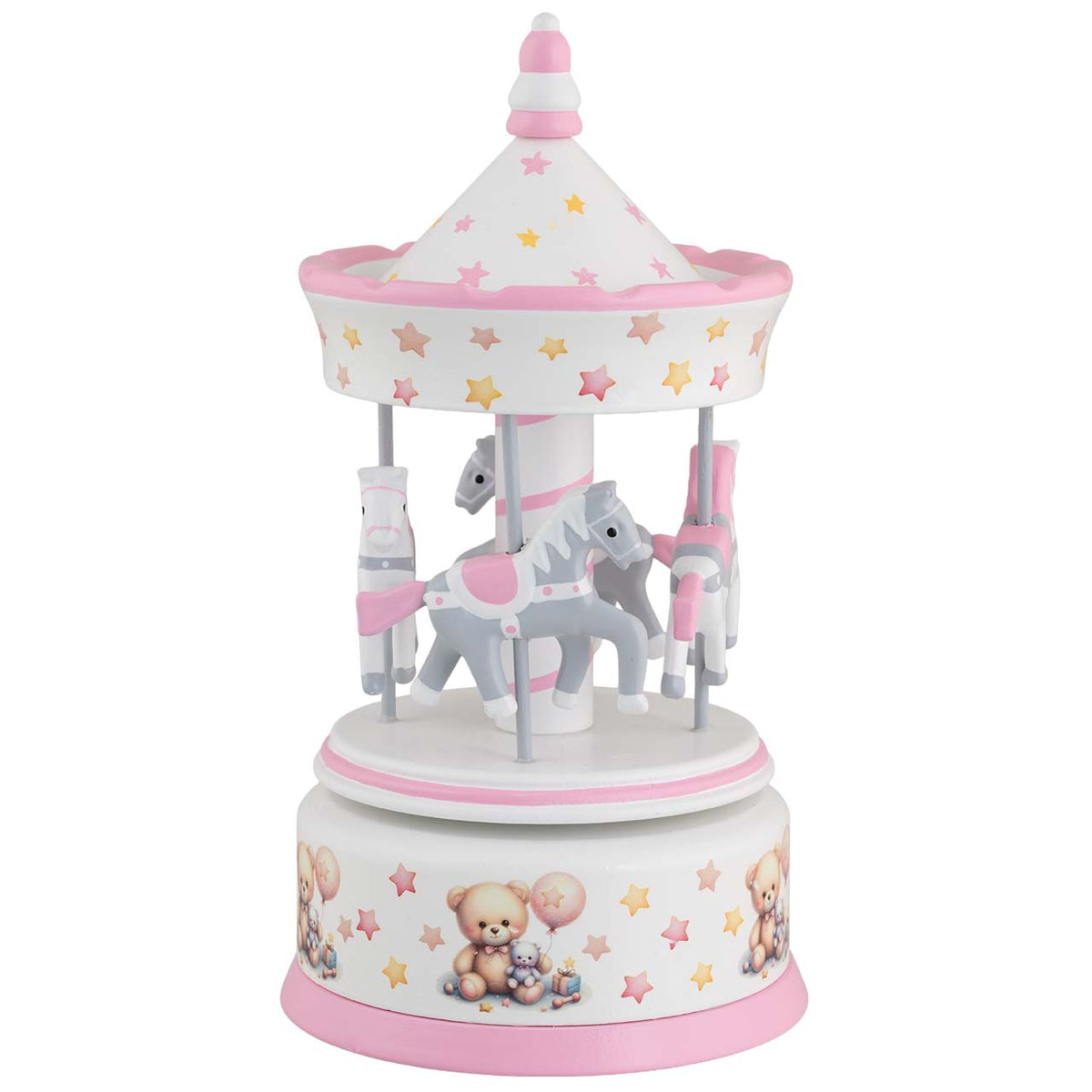 Bagutta Giostra Carillon in Legno con Cavalli, Tetto a Stelline e Decoro Orsetti Rosa 11x23 cm