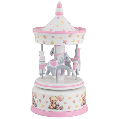Bagutta Giostra Carillon in Legno con Cavalli, Tetto a Stelline e Decoro Orsetti Rosa 11x23 cm