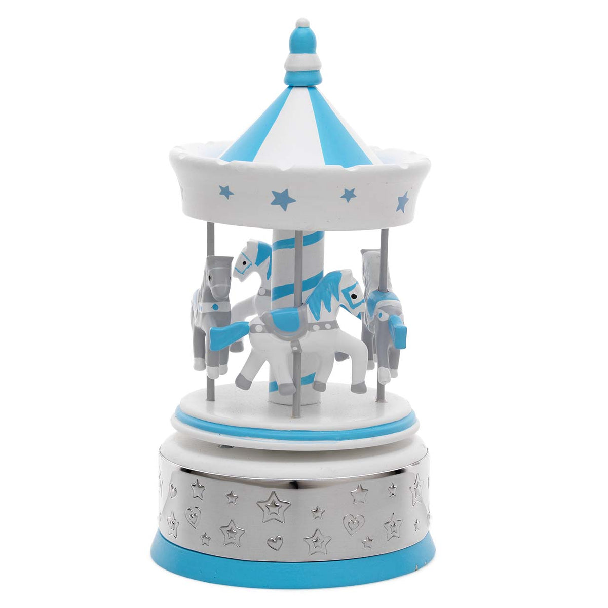 Bagutta Giostra Carillon in Legno con Cavalli, Tetto a Festoni Azzurro e Fascia Argentata 11x23 cm