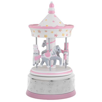 Bagutta Giostra Carillon in Legno con Cavalli, Tetto a Stelline Rosa e Fascia Argentata 11x23 cm