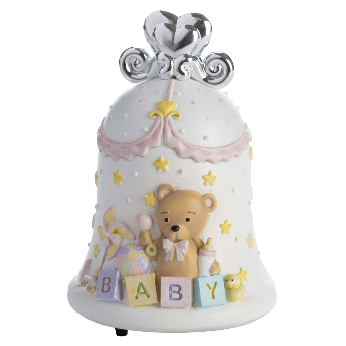 Bagutta Campanella Musicale con Cuore Argentato e Orsetto Baby Rosa 11x15 cm