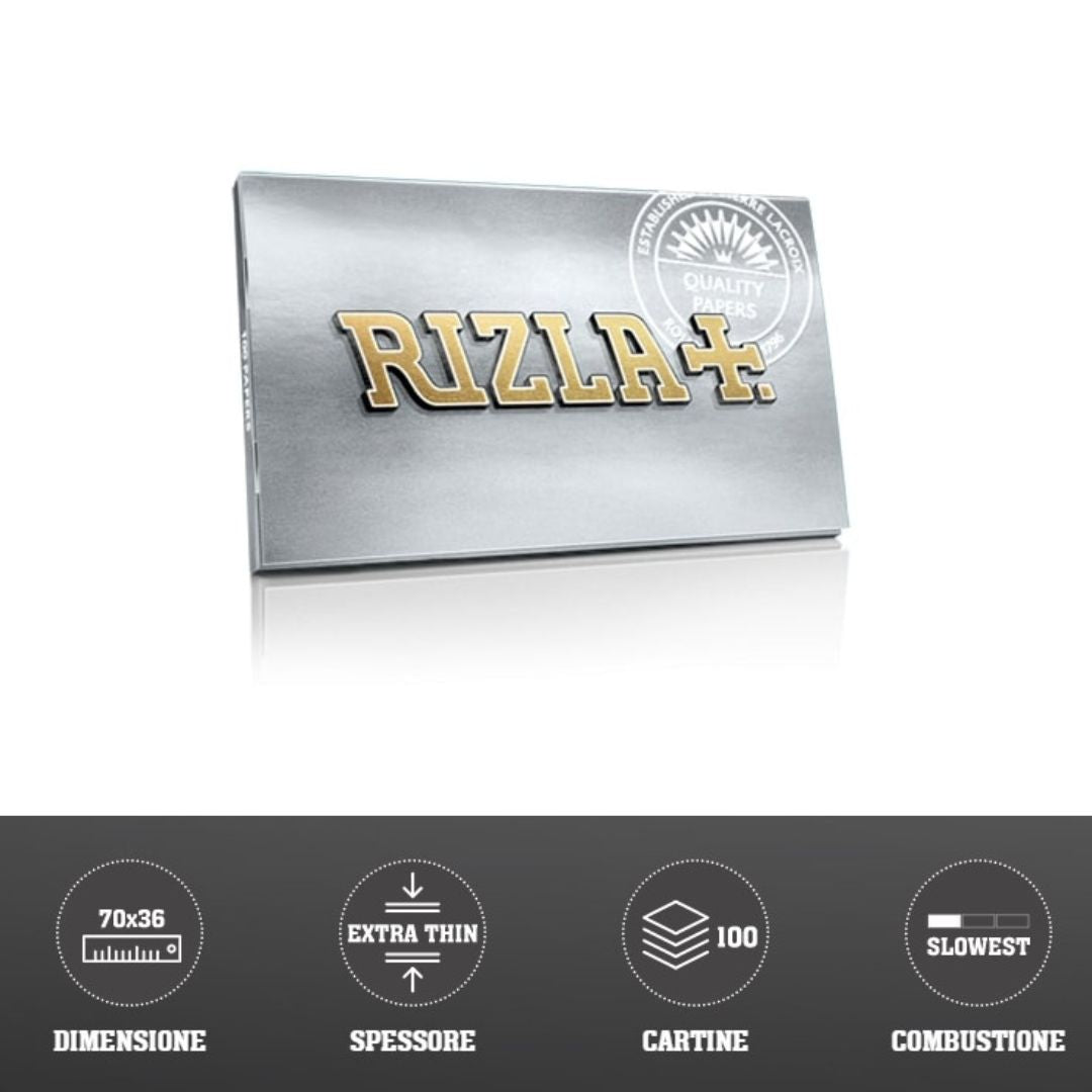 Cartine Rizla Argento Corte Doppie 70x36mm, 50 libretti da 100 fogli ciascuno