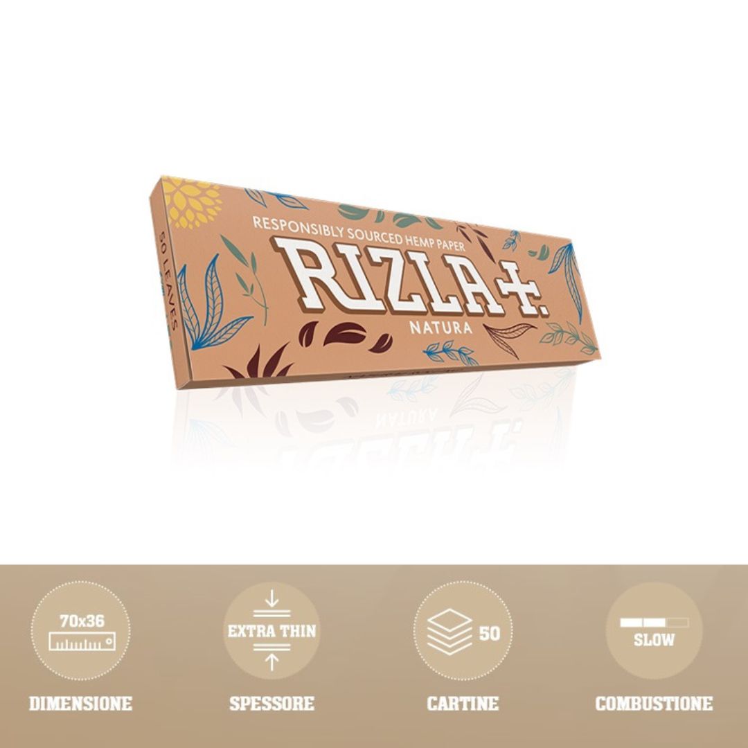 Cartine Rizla Natura Corte 70x36mm in canapa biologica non sbiancata, 50 libretti da 50 fogli