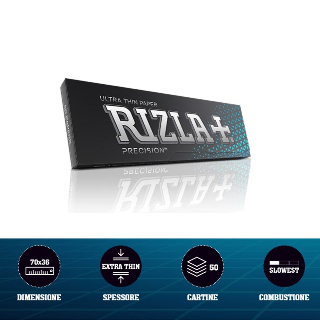 Cartine Rizla Precision Corte 70x36mm - grammatura 12,5g/m² combustione ultra lenta 50 libretti x 50 fogli