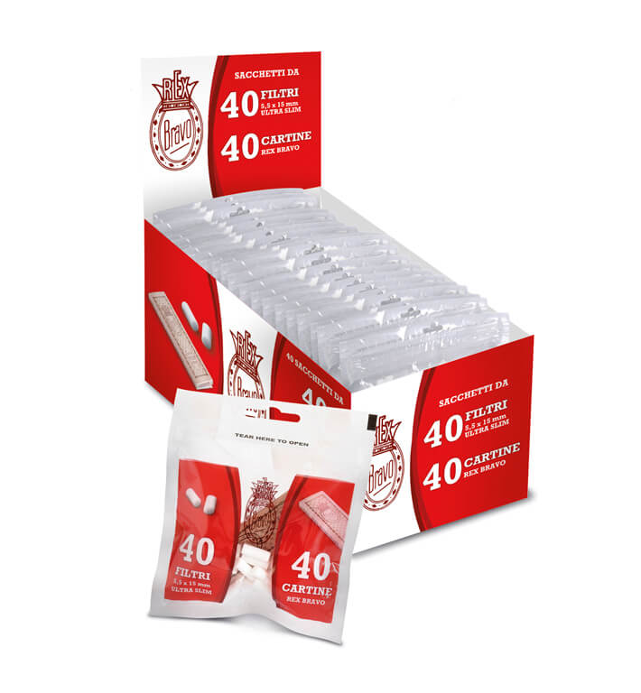Filtri Bravo Ultraslim 5,5x15mm con cartine Rex Bravo corta gommate 37x69mm - 40 buste