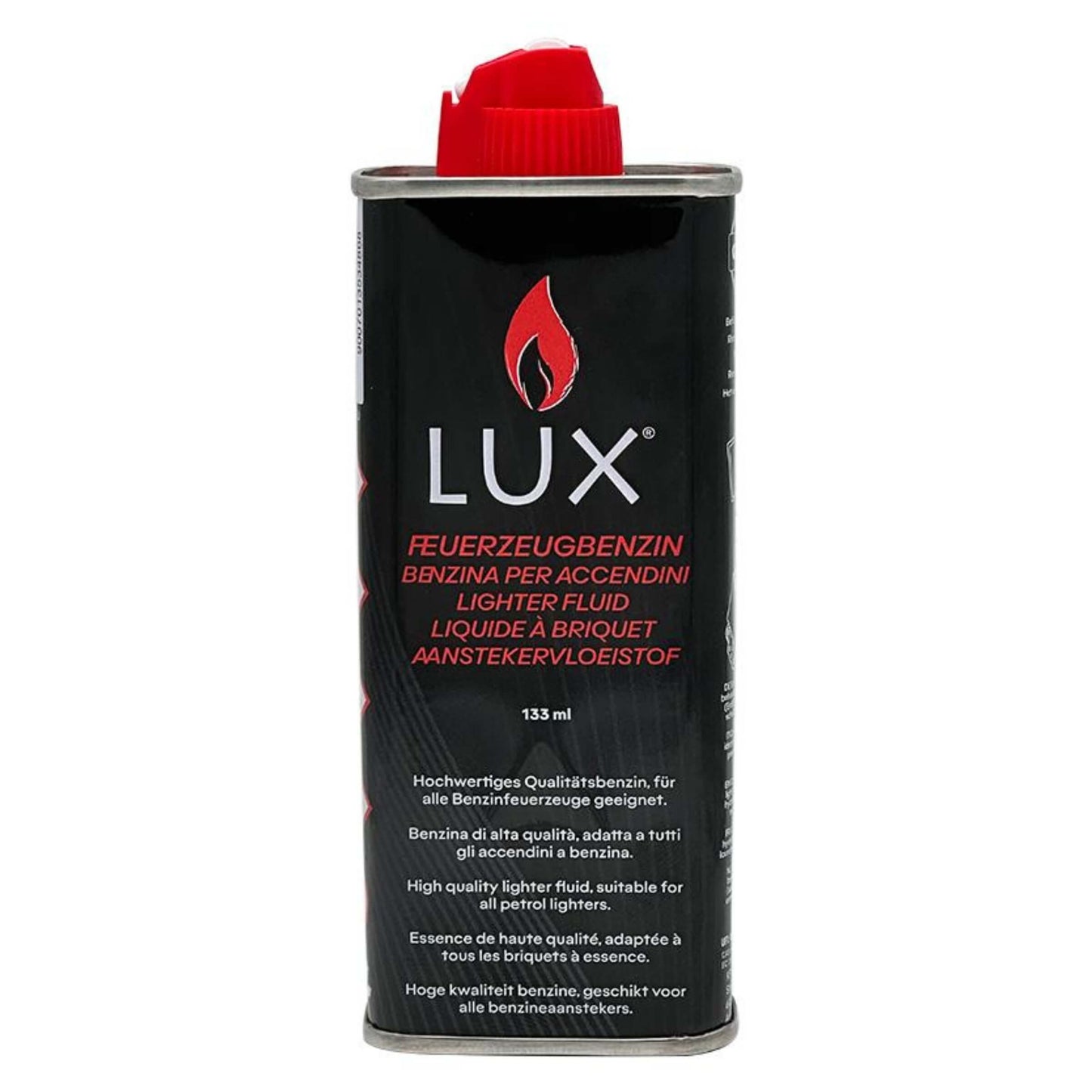 Benzina per accendini Lux 133 ml, flacone metallo con tappo sicurezza, formula raffinata senza residui