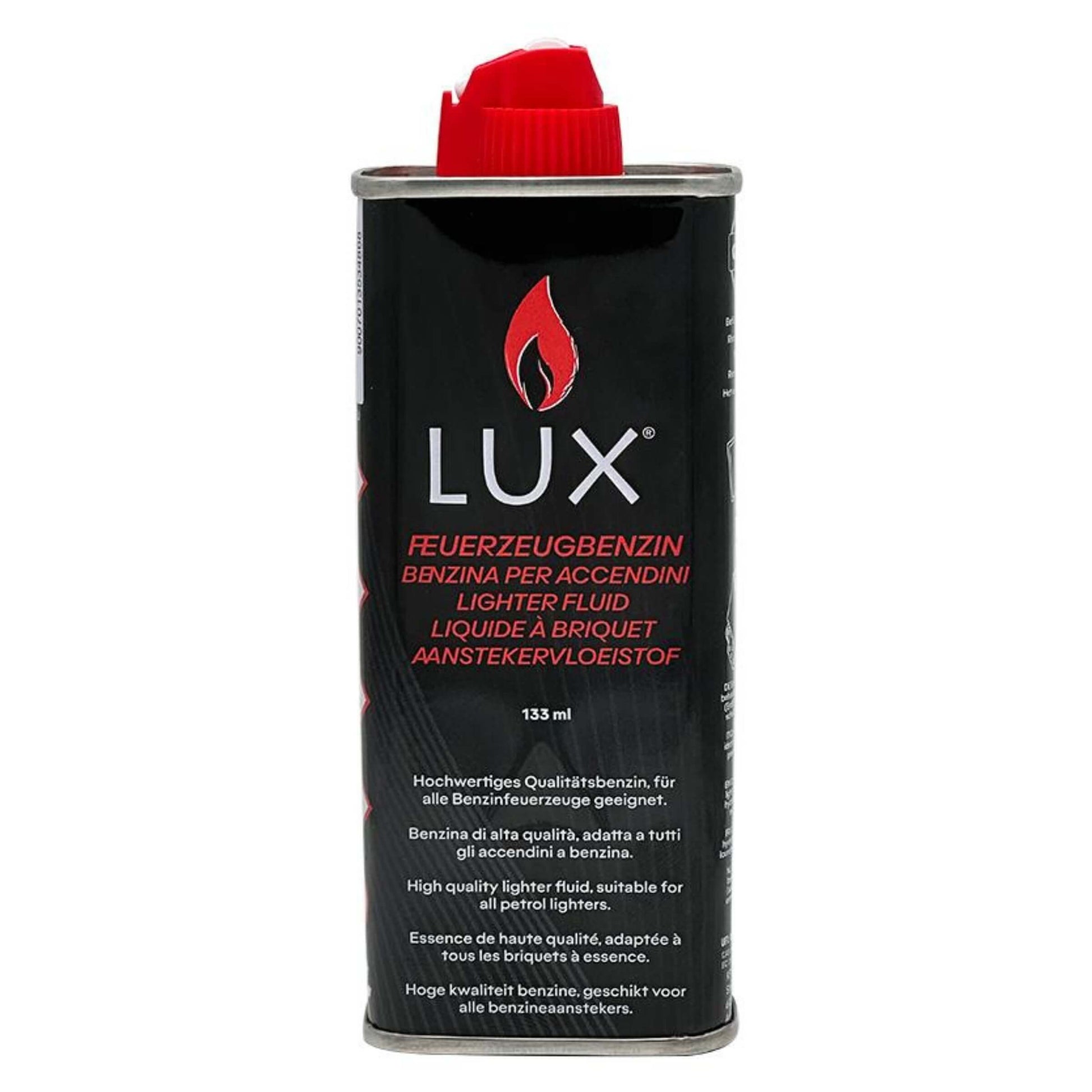 Benzina per accendini Lux 133 ml, flacone metallo con tappo sicurezza, formula raffinata senza residui