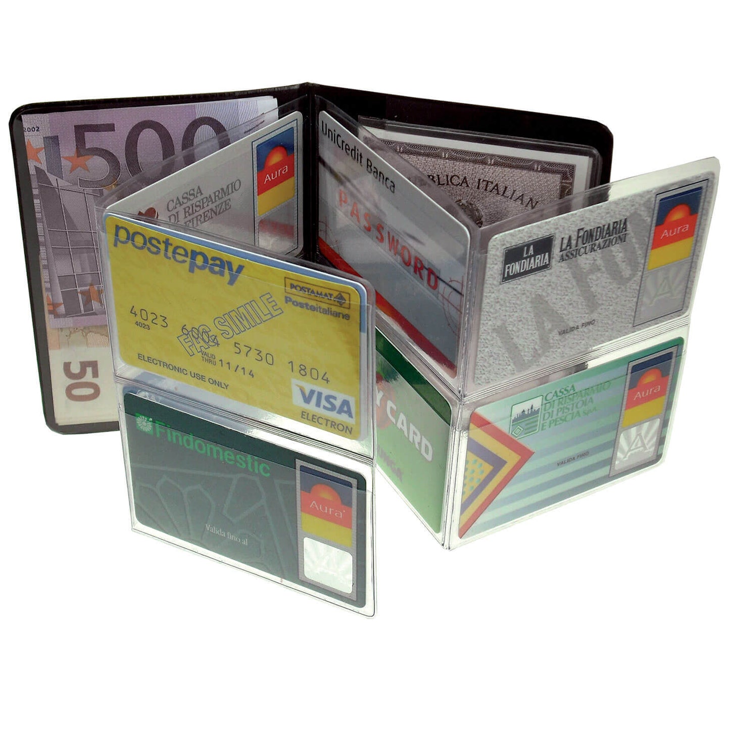 Portacard Opencard 910, 16 scomparti a finestra in PVC gommato con tasche porta banconote