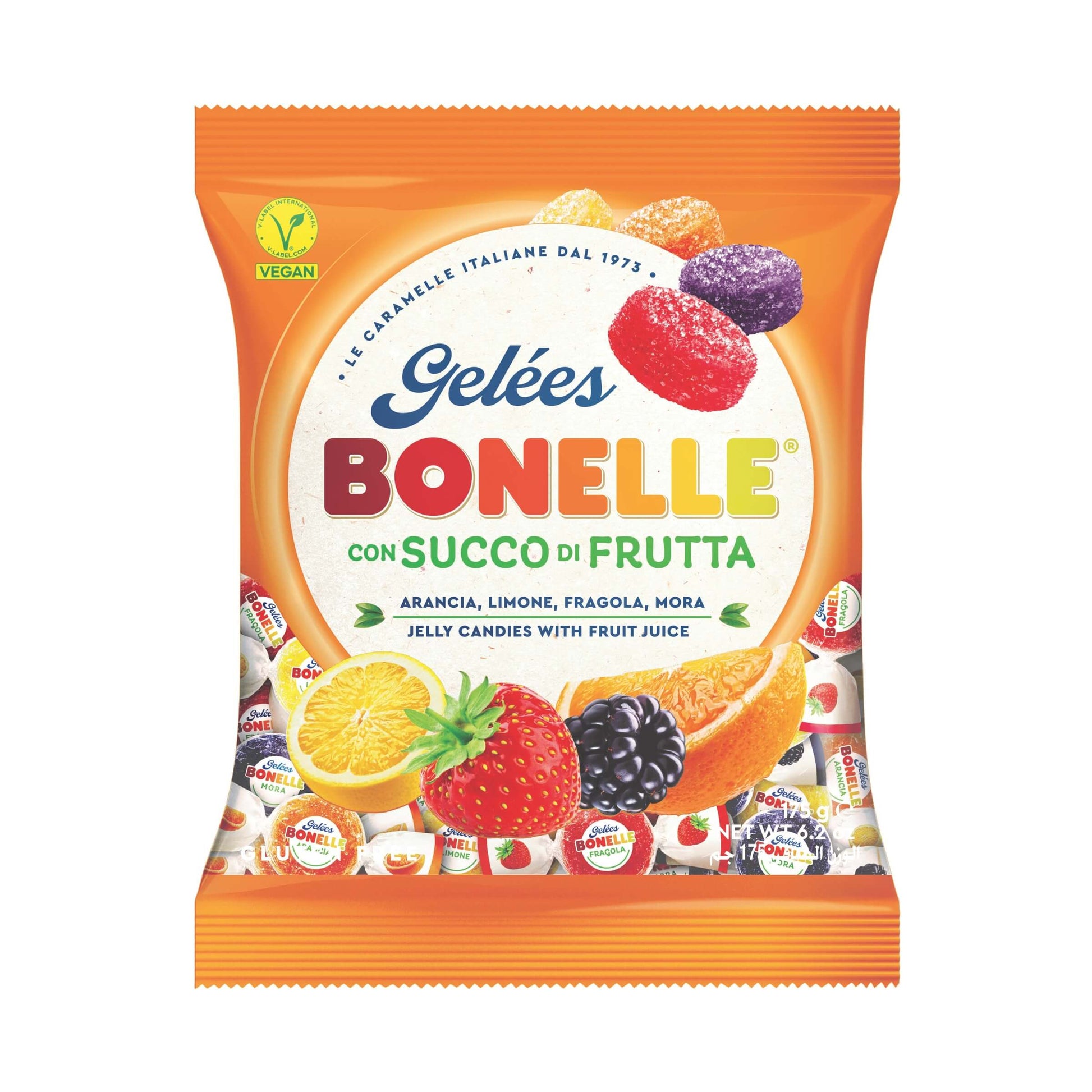 Bonelle Gelee ai gusti di frutta vegan senza glutine busta 150g arancia limone fragola mora