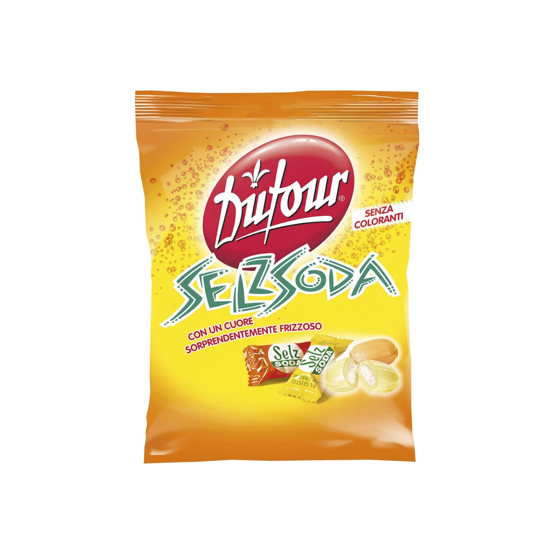 Busta da 90 g caramelle frizzanti Selz Soda al gusto arancia e limone con effetto dissetante