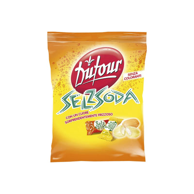 Busta da 90 g caramelle frizzanti Selz Soda al gusto arancia e limone con effetto dissetante