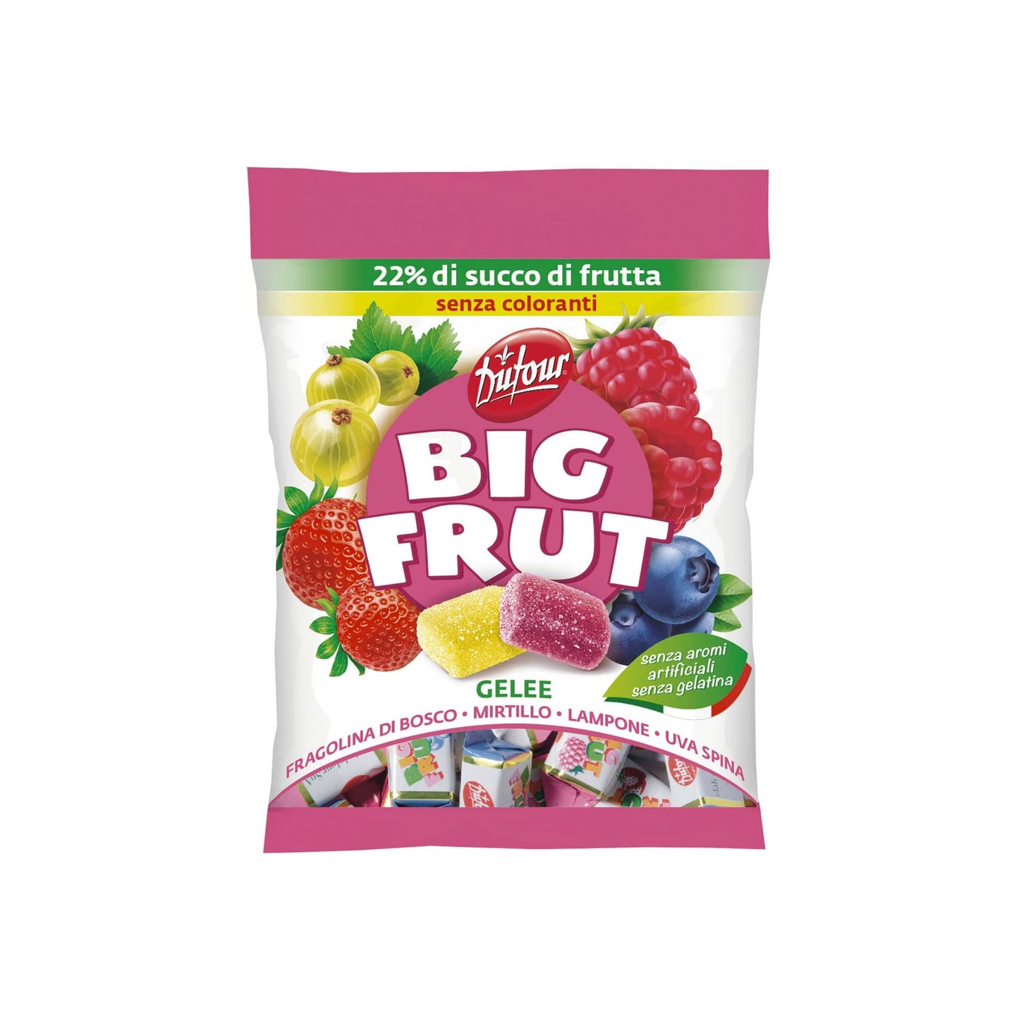 Busta da 90 g di gelatine Big Frut Dufour ai frutti di bosco: fragolina, lampone e mirtillo