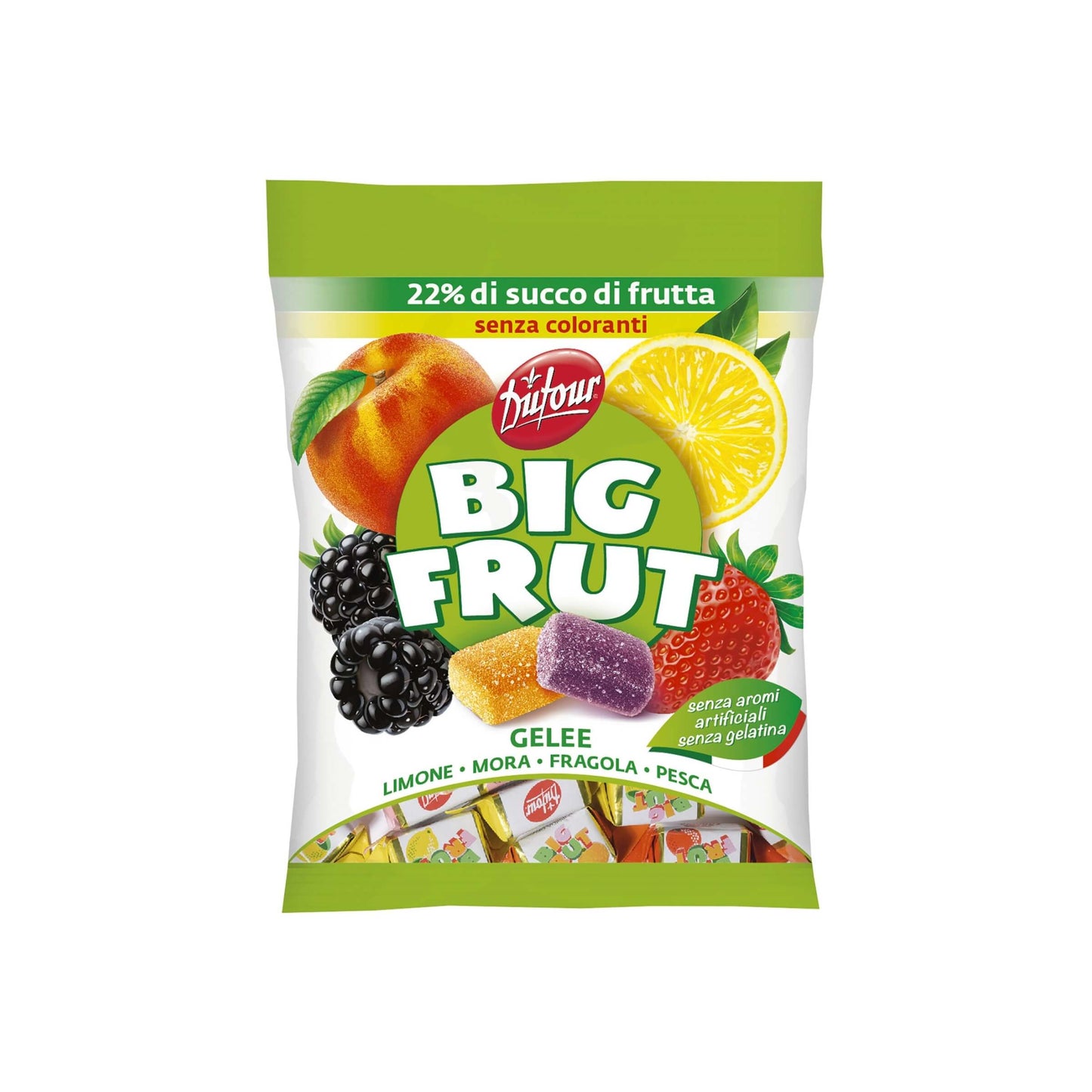 Busta da 90 g di gelatine Big Frut Dufour ai frutti mediterranei: fragola, limone, mora e pesca
