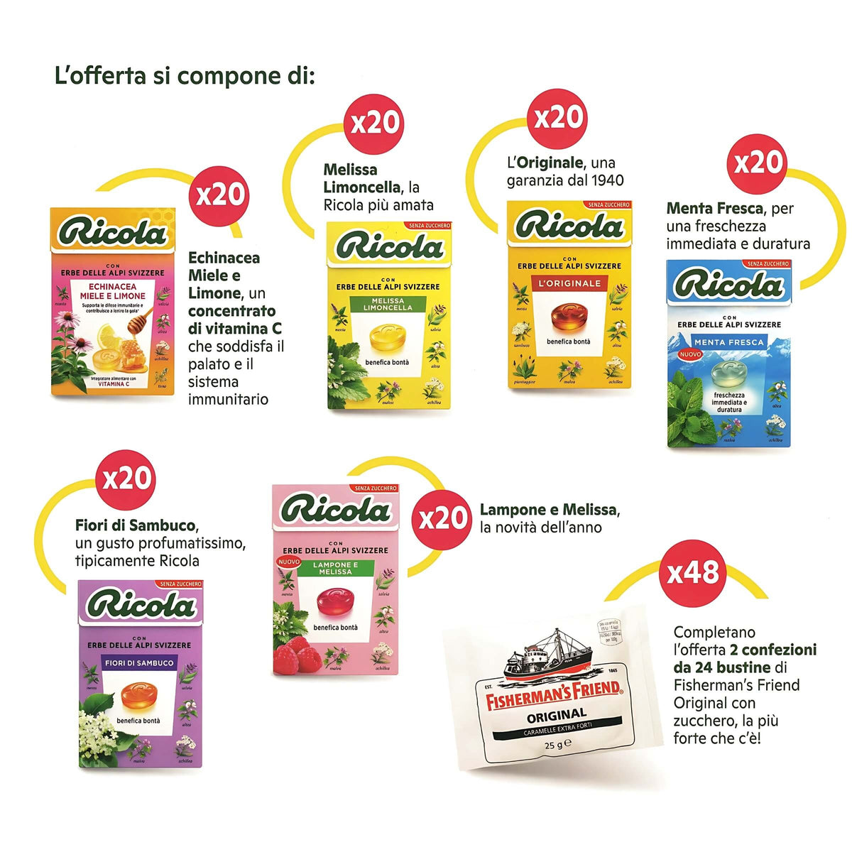 PACCO RICOLA SUPER FRUIT DA 120 ASTUCCI + 48 FISHERMAN BIANCA (168PZ)