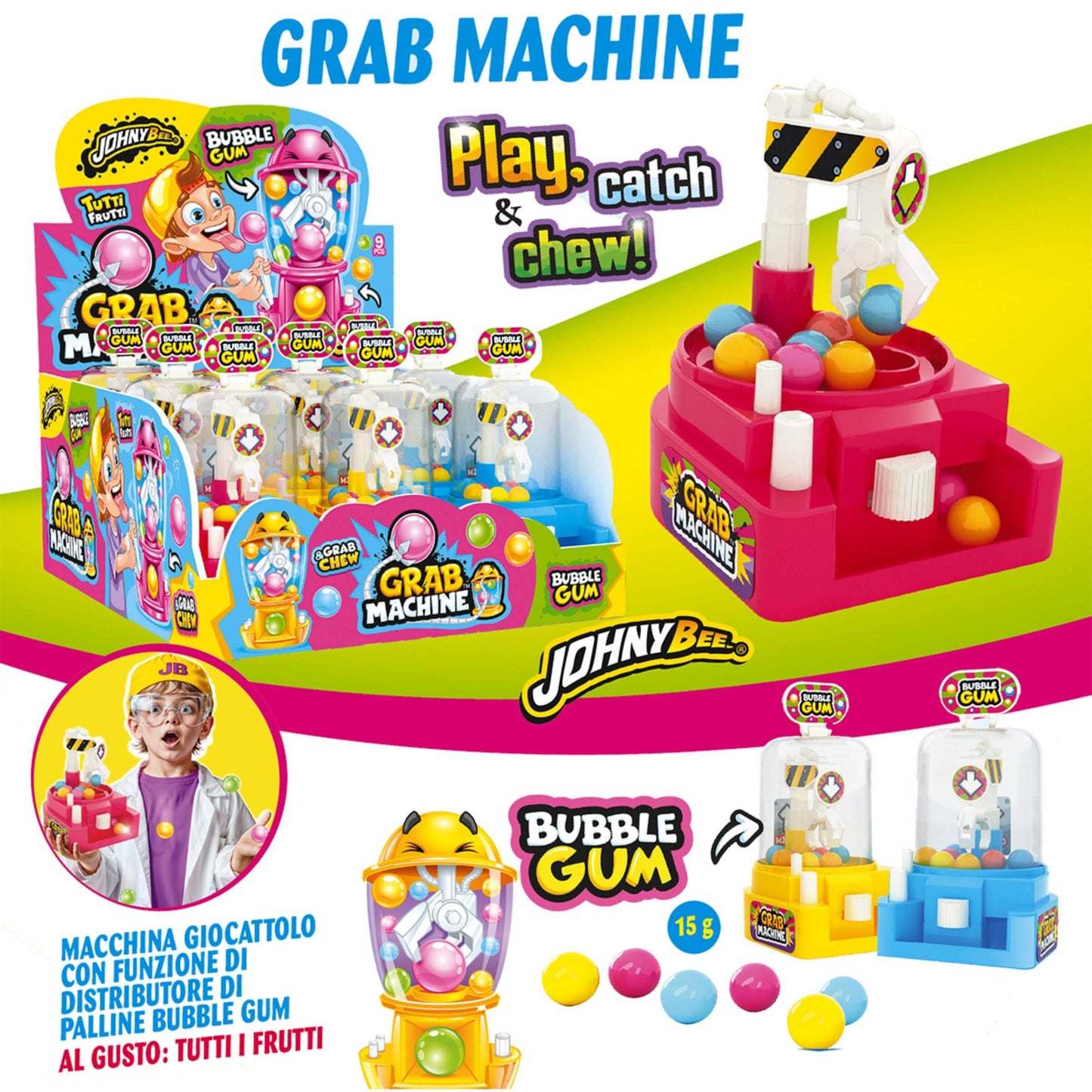 Johny Bee Grab Machine 15g con Bubble Gum Tutti i Frutti (9PZ)