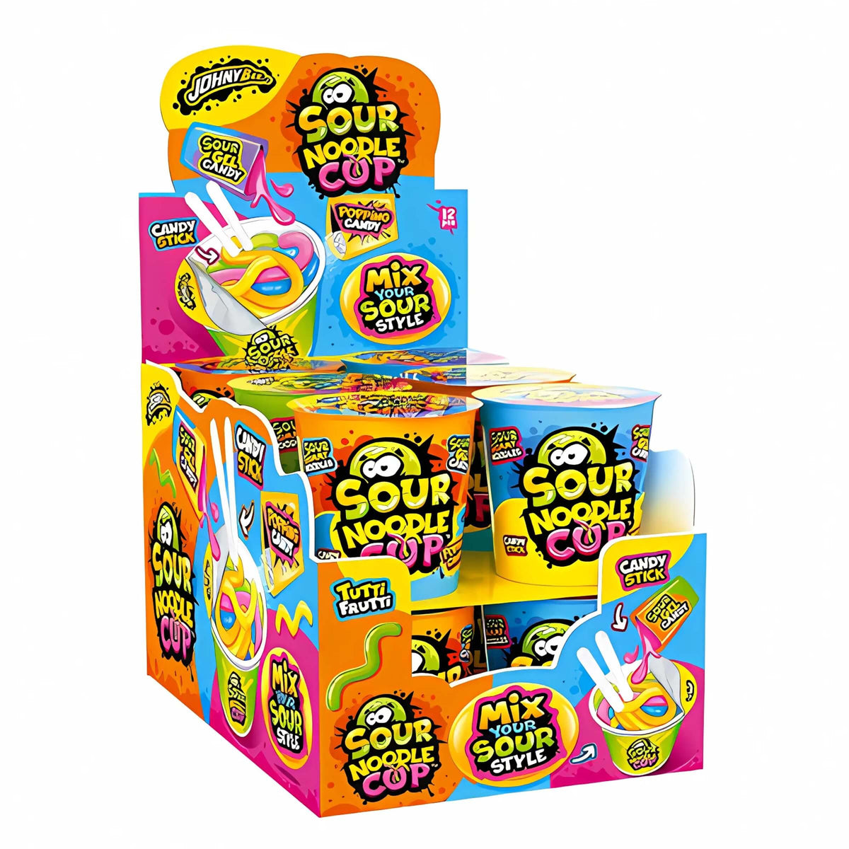 Johny Bee Sour Noodle Cup 65g con Gel Candy Tutti i Frutti (12PZ)