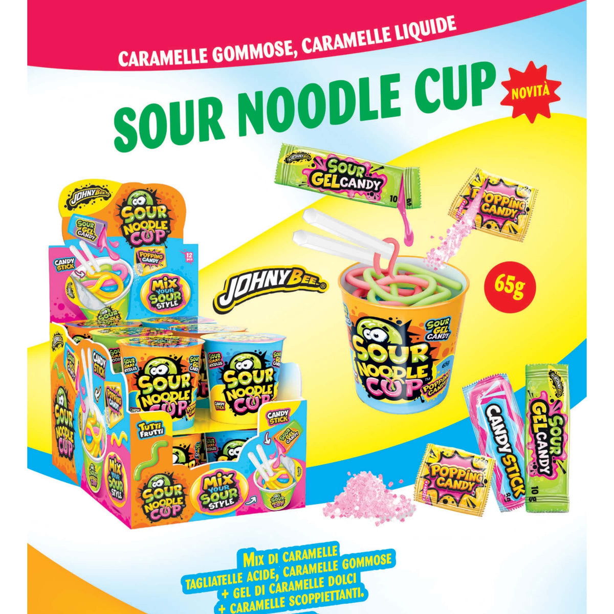 Johny Bee Sour Noodle Cup 65g con Gel Candy Tutti i Frutti (12PZ)
