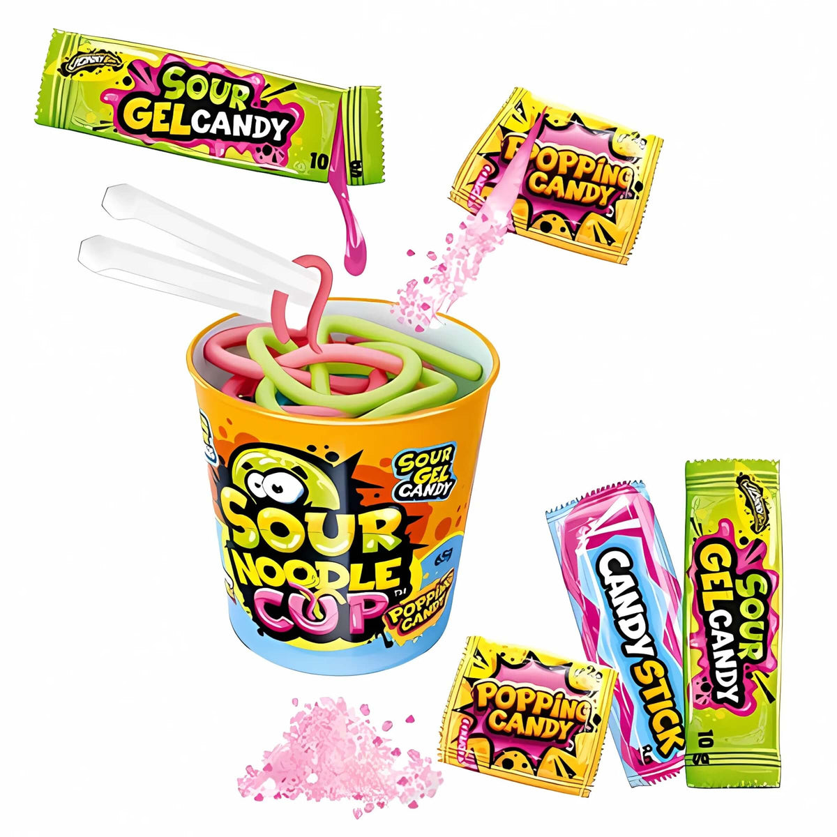 Johny Bee Sour Noodle Cup 65g con Gel Candy Tutti i Frutti (12PZ)