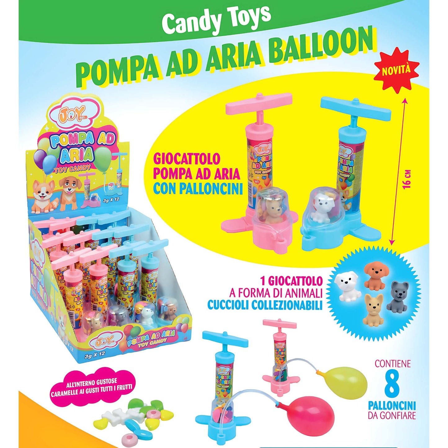 Joygum Pompa ad Aria con Palloncini, Cucciolo e Caramelle Tutti i Frutti (12PZ)