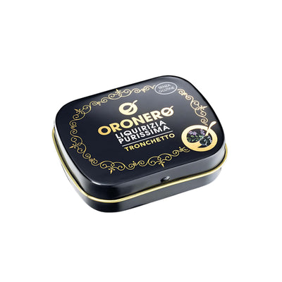 Scatola metallo nera Oronero con liquirizia tronchetto 18gr decorazioni dorate